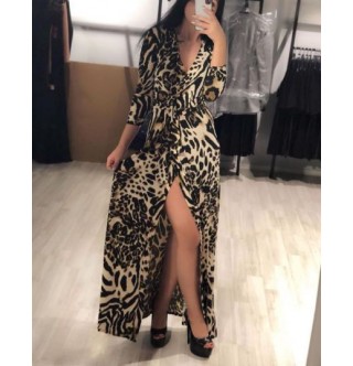 Japon Style Leopar Yırtmaçlı Uzun Elbise