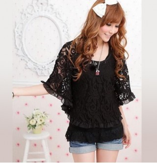 Japon Stil Giyim Dantel Bluz Astarlı