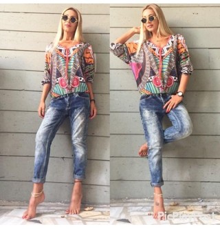 Japon Style Renkli Desenli Bluz