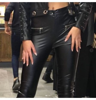 Yanları Beyaz Şeritli Deri Pantolon Tayt